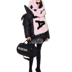 Balenciaga Oversized Faux Fur Logo Pink Scarf NEW